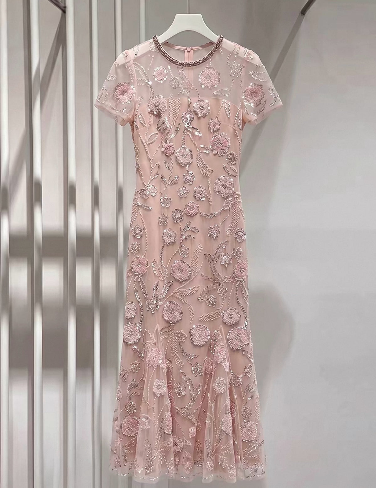 Floral Sequin Beaded Trumpet Midi Dress