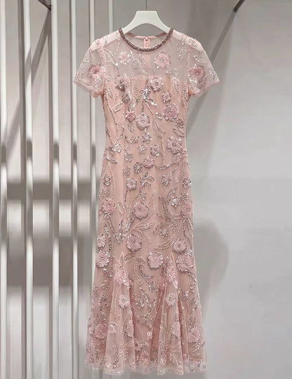 Floral Sequin Beaded Trumpet Midi Dress