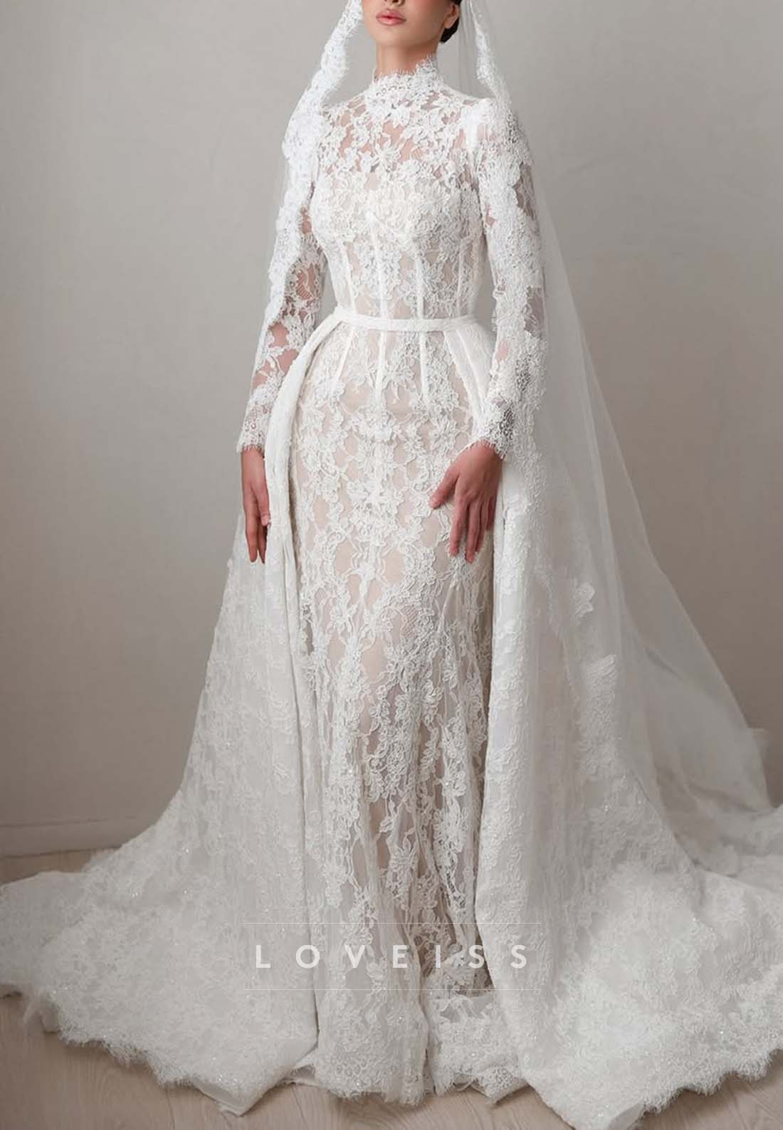 High Neck Lace Wedding Dress with Overskirt
