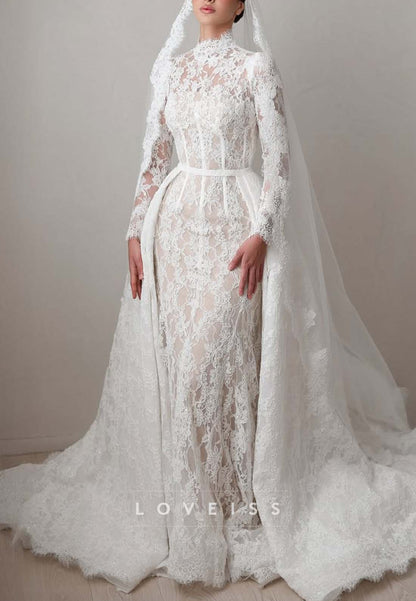 High Neck Lace Wedding Dress with Overskirt