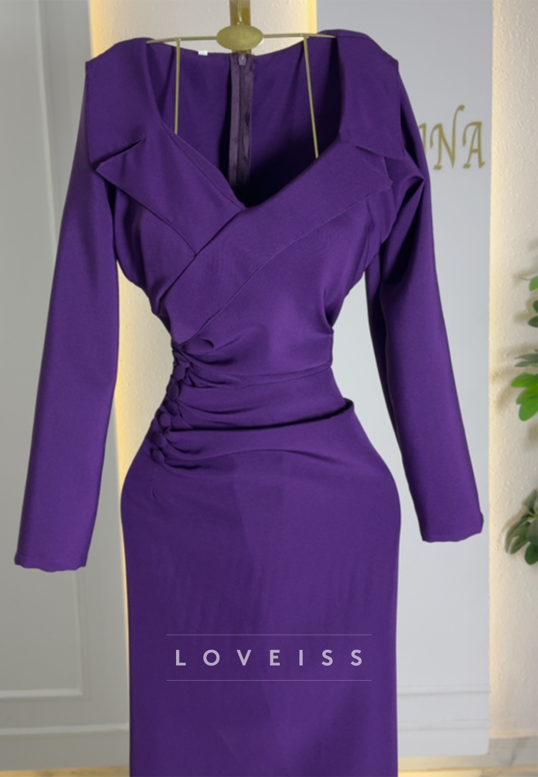 Long-Sleeve Ruched Lapel Sheath Evening Dress
