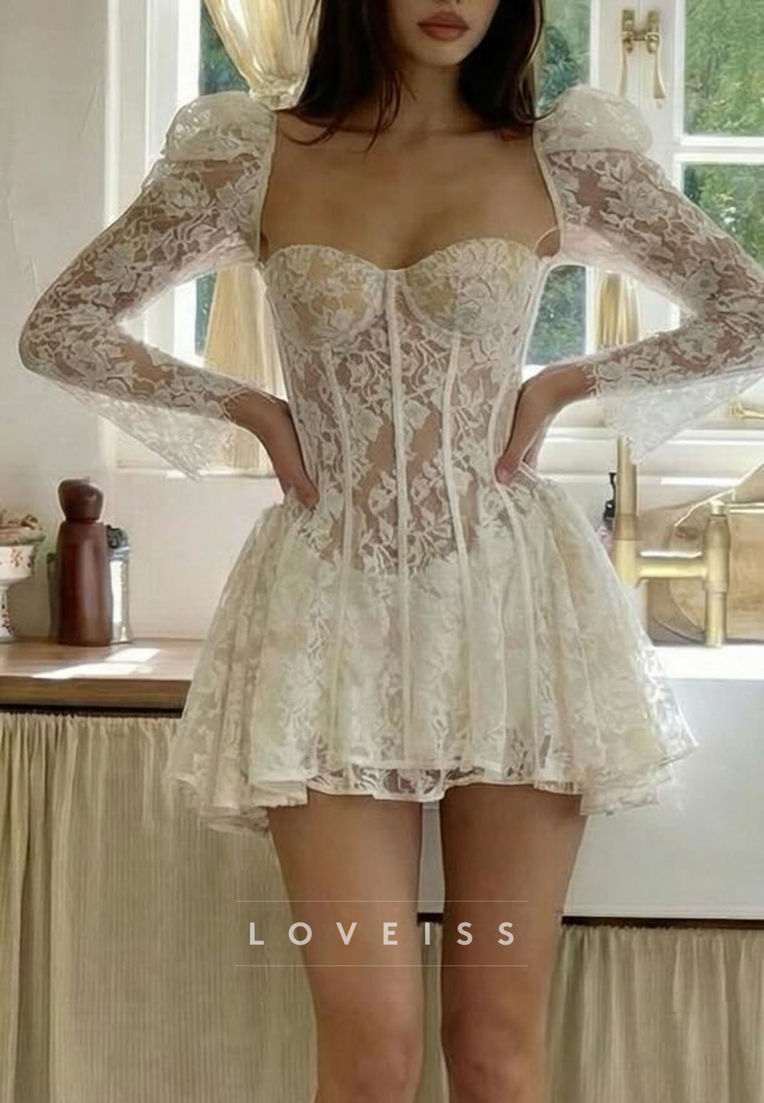 Sheer Floral Lace Corset Mini Dress with Bell Sleeves