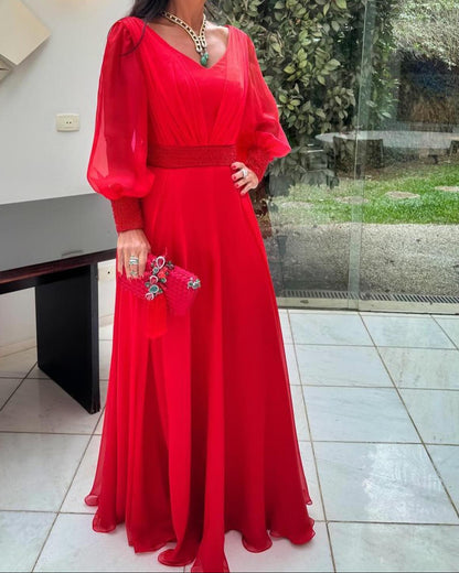 V-Neck Bishop Sleeve A-Line Evening Gown