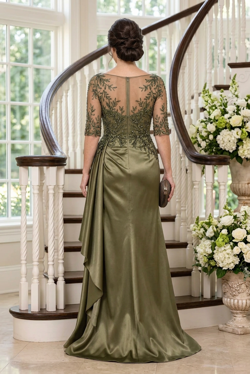 Embroidered Illusion Neckline Satin Gown
