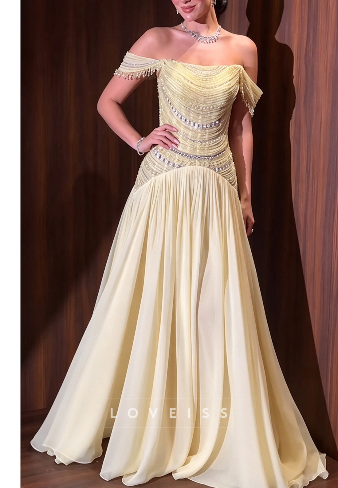 Beaded Bodice Off-the-Shoulder Pleated Gown
