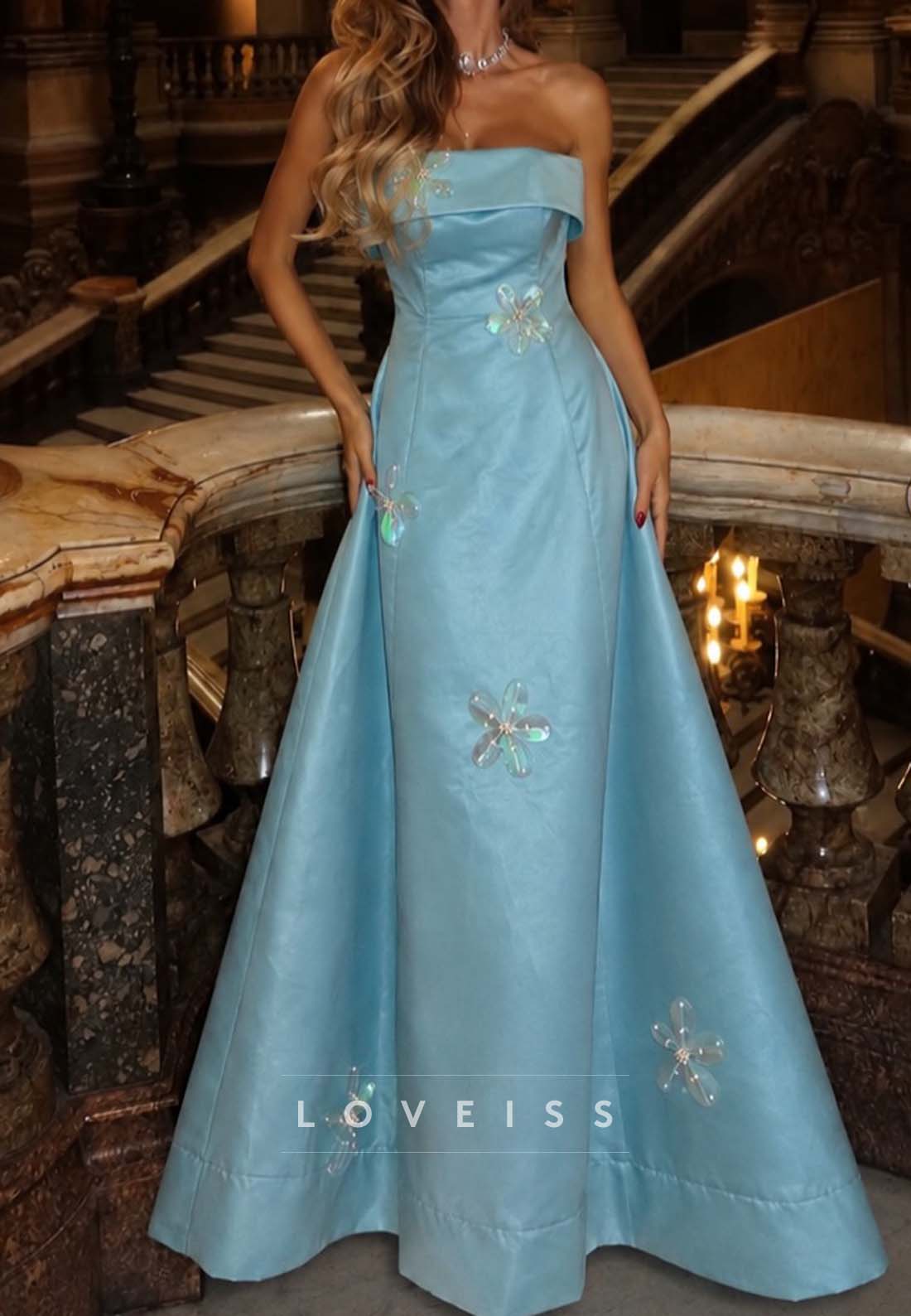 Strapless Floral Applique A-Line Evening Gown