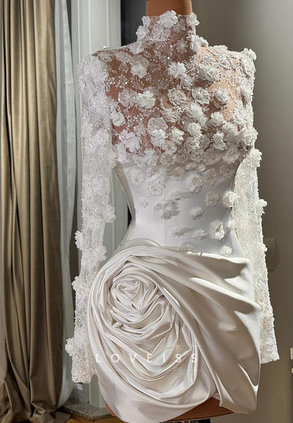 3D Floral High Neck Mini Dress with Draped Rosette