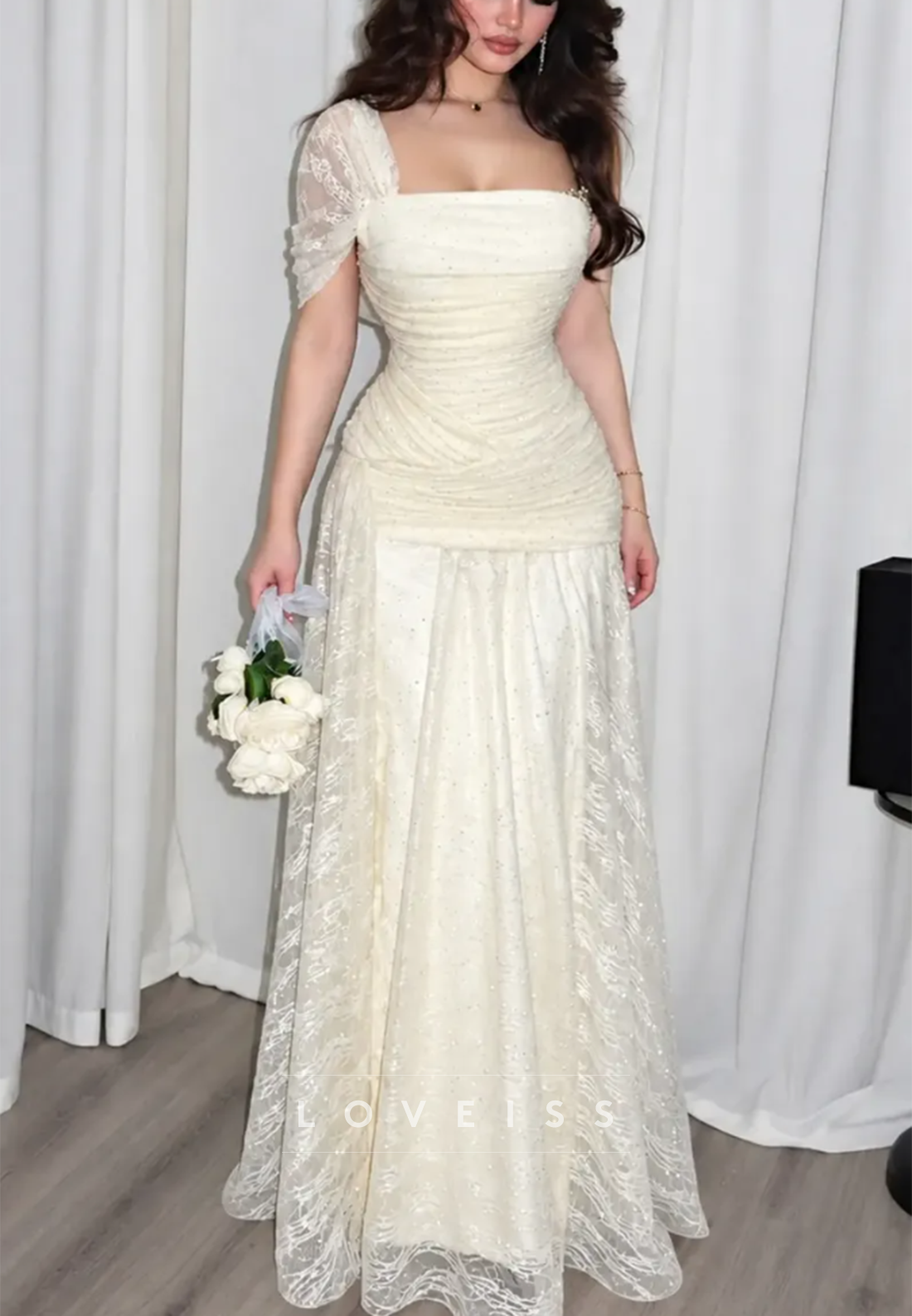 Ruched Drop-Waist Asymmetrical Lace Evening Gown