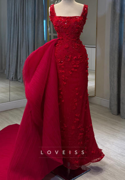 Square Neck 3D Floral Gown with Dramatic Side Drape