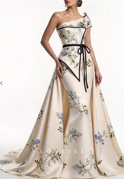 One-Shoulder Floral Evening Gown with Overskirt