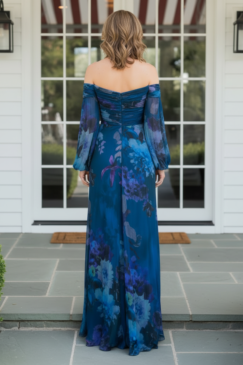Off-the-Shoulder Pleated Floral Evening Gown