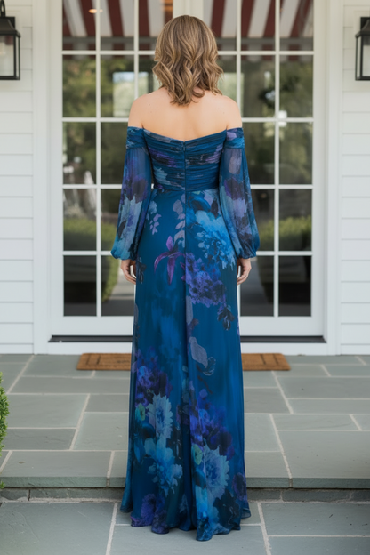 Off-the-Shoulder Pleated Floral Evening Gown