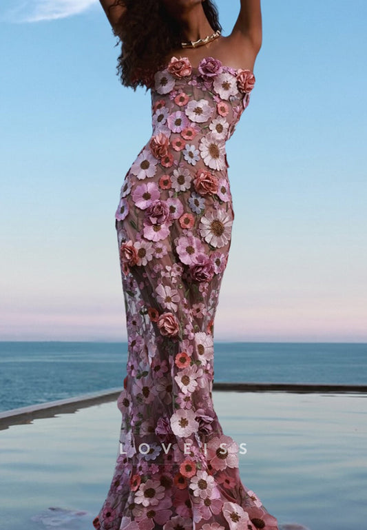 3D Floral Applique Strapless Maxi Dress