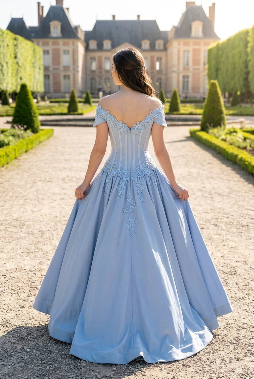 Off-the-Shoulder Corset Gown with Appliques