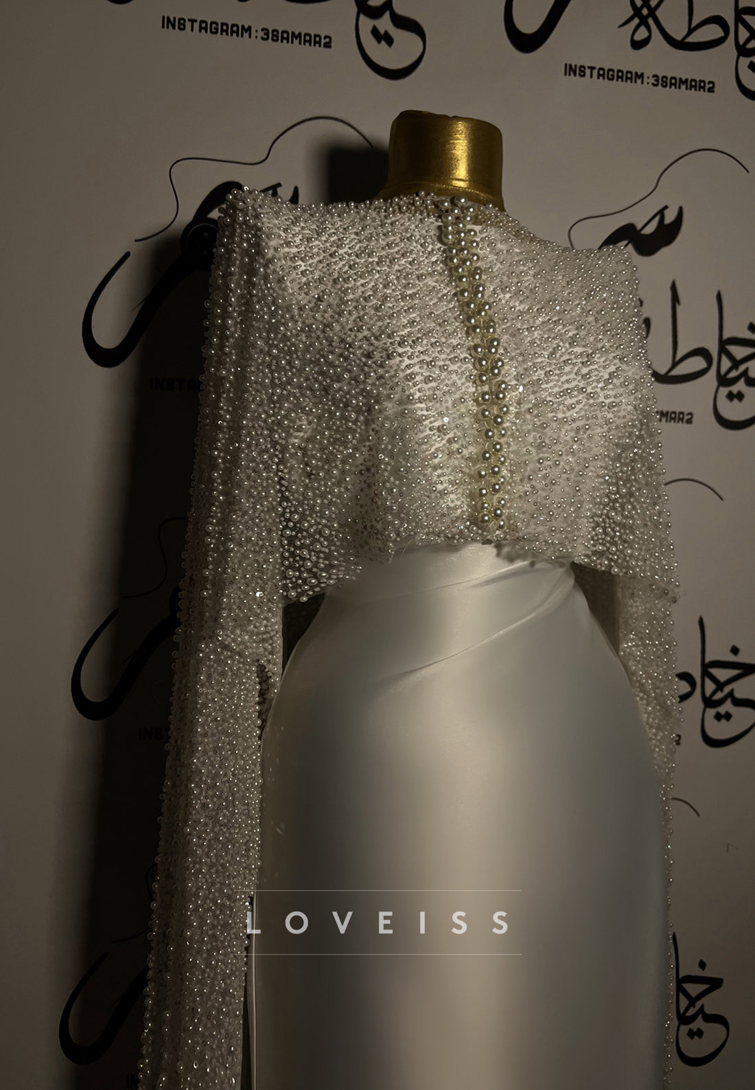 Pearl Beaded High-Neck Cape Sleeve Satin Mermaid Gown