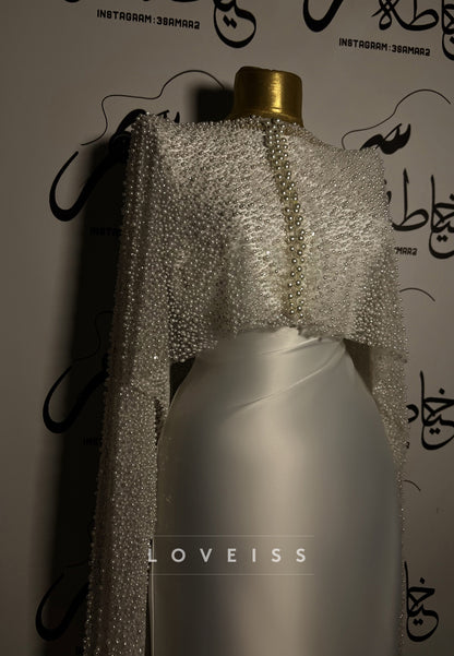 Pearl Beaded High-Neck Cape Sleeve Satin Mermaid Gown