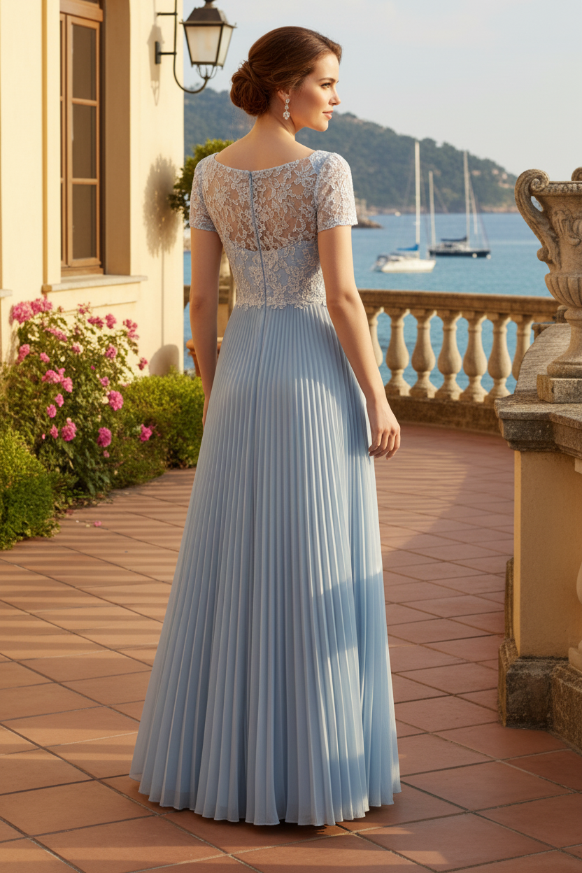 Square Neck Lace Pleated Chiffon A-Line Gown
