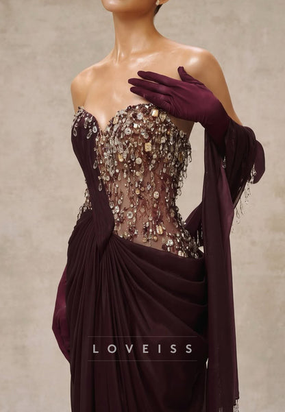 Strapless Beaded Corset Drape Gown