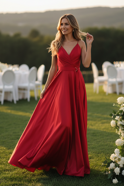 Satin A-Line V-Neck Evening Gown with Belt