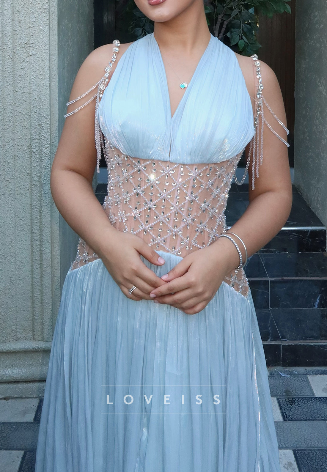 Pleated Maxi Dress with Beaded Illusion Bodice