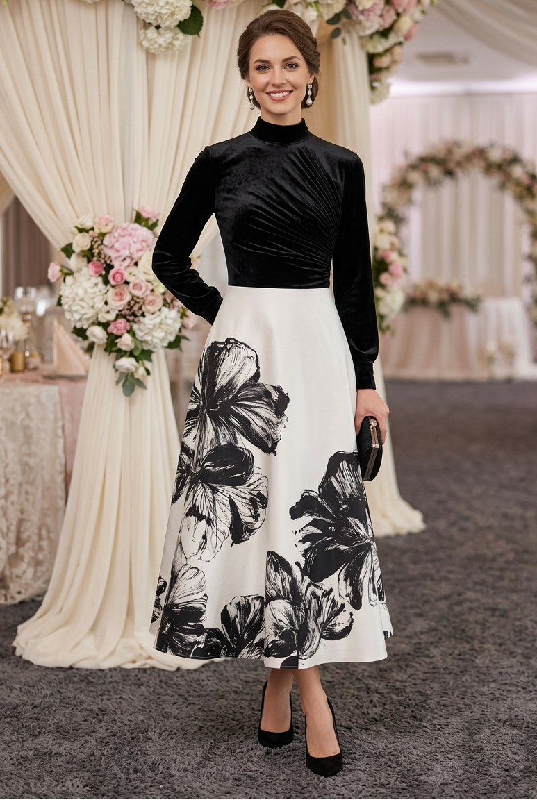 Pleated Bodice Floral Print A-Line Midi Dress