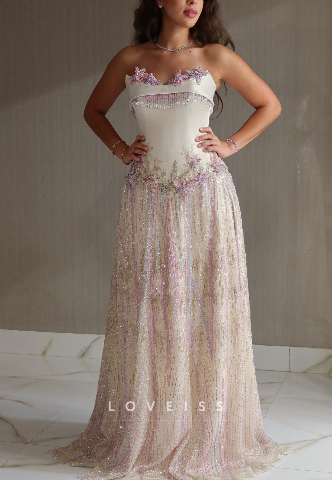Strapless Sequin Gown with 3D Beaded Floral Appliques