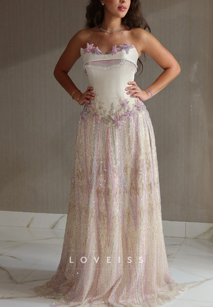 Strapless Sequin Gown with 3D Beaded Floral Appliques