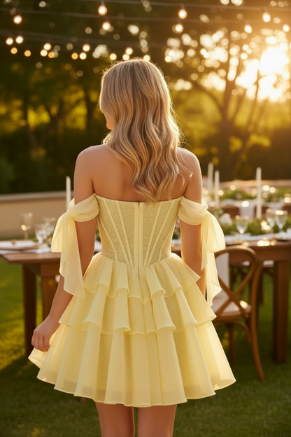 Tiered Chiffon Mini Dress with Glitter Corset Bodice