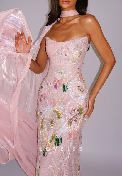 Strapless Sequin Floral Gown with Iridescent Shawl