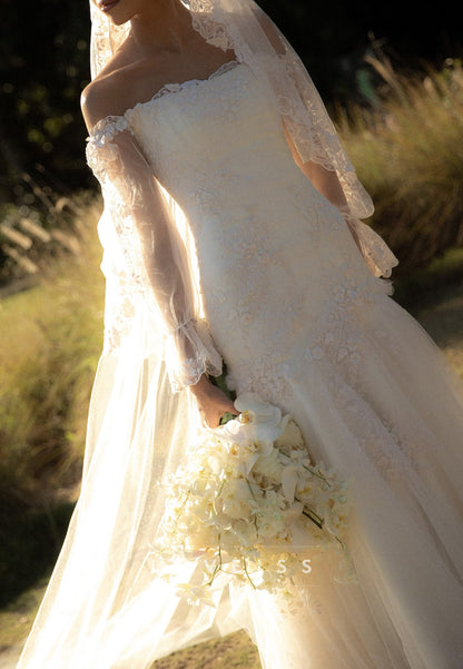 Off-the-Shoulder Lace Drop-Waist Wedding Dress