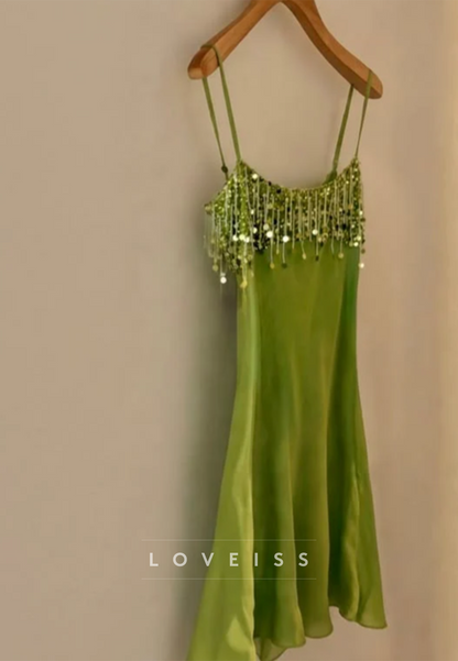 Beaded Fringe Satin Slip Mini Dress