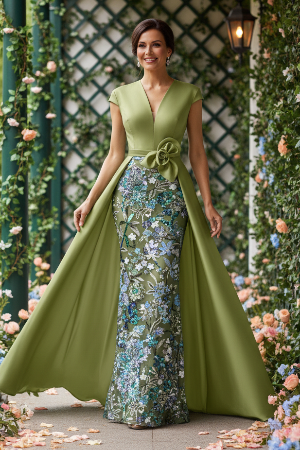Cap Sleeve Column Gown with Satin Overskirt