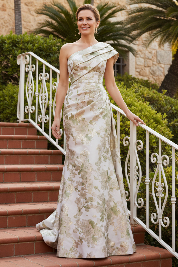 One-Shoulder Floral Jacquard Pleated Evening Gown