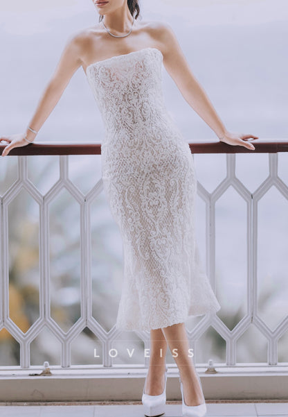 Strapless Lace Midi Wedding Dress with Scarf