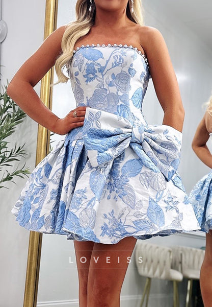 Strapless Floral Jacquard Mini Dress with Bow