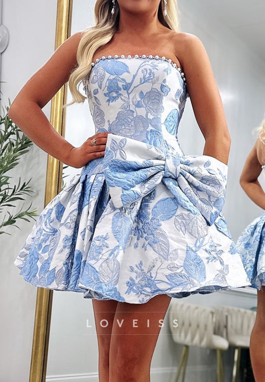 Strapless Floral Jacquard Mini Dress with Bow