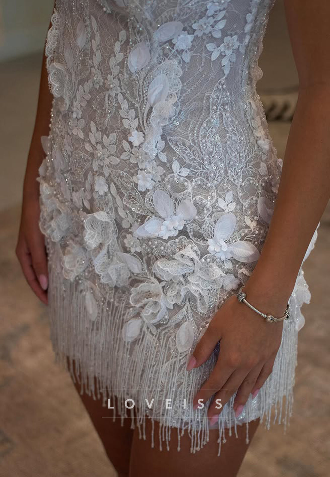 One-Shoulder Lace Mini Dress with Fringe Hem