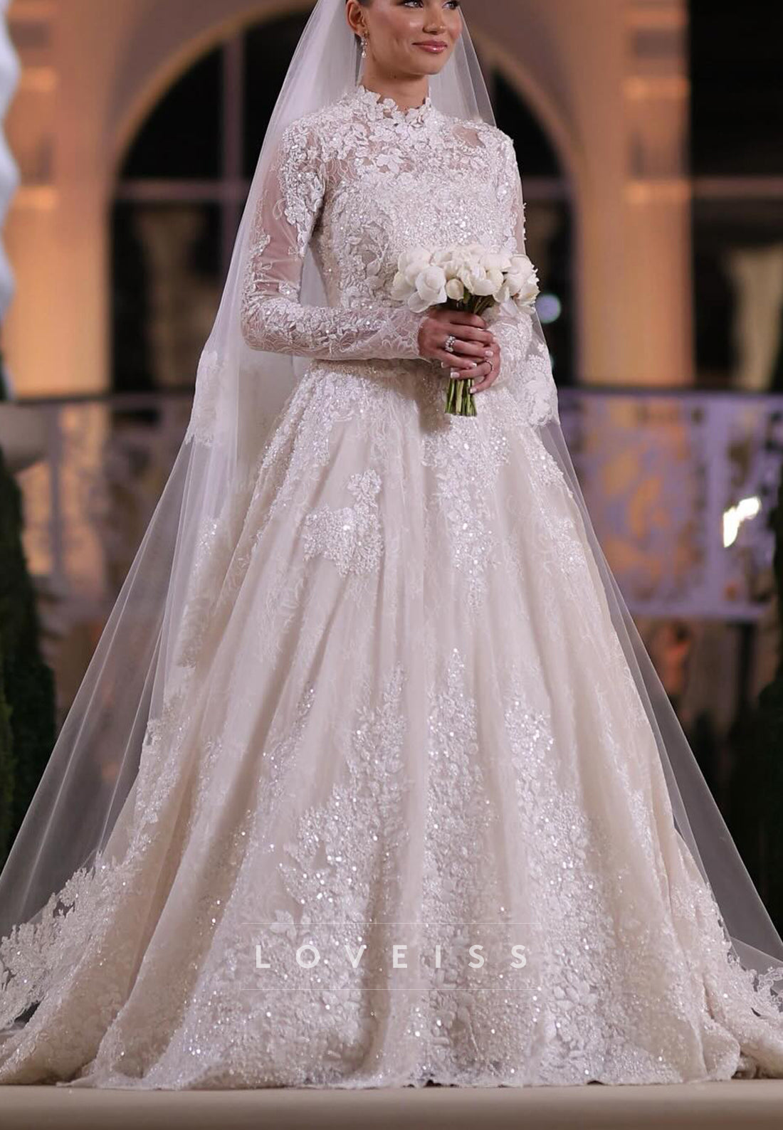 High Neck Lace Long Sleeve Ball Gown