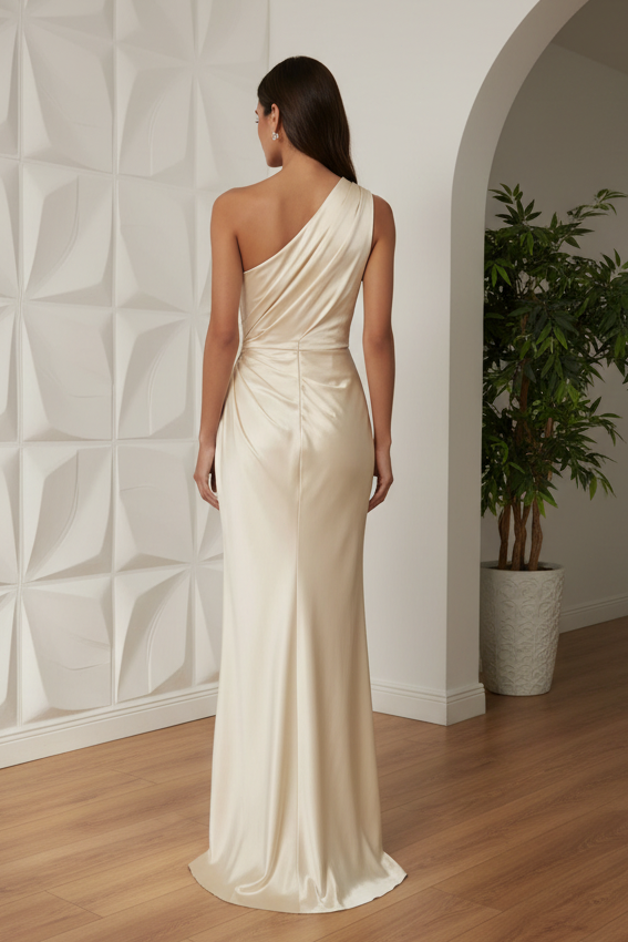 Asymmetrical 3D Floral Ruched Satin Gown