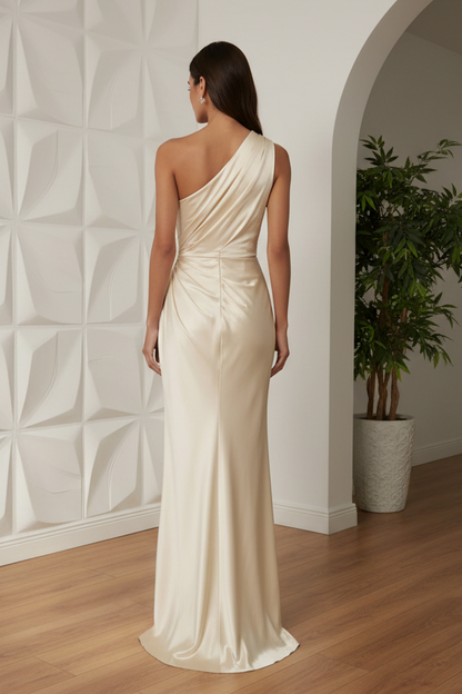 Asymmetrical 3D Floral Ruched Satin Gown