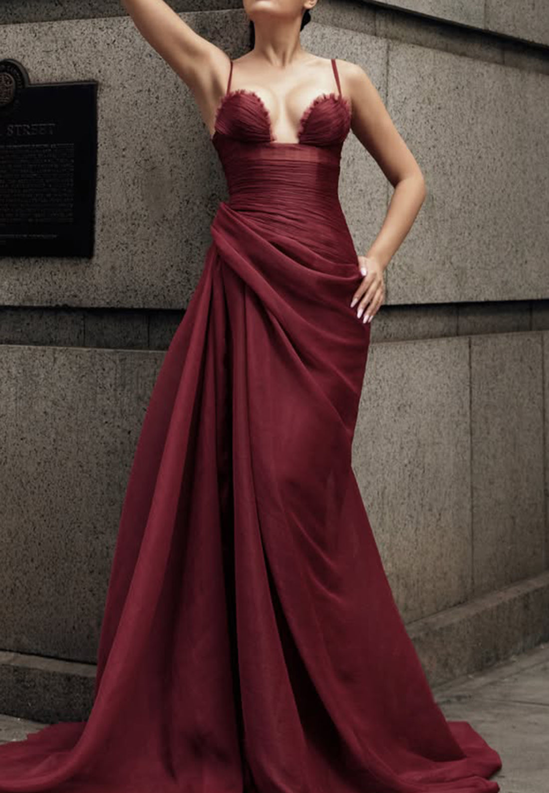Ruched Bodice Evening Gown with Draped Skirt