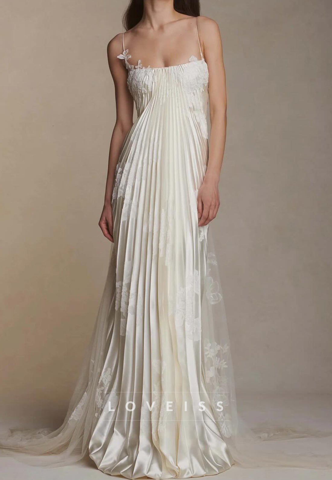 Pleated Satin Slip Wedding Dress with Lace Appliques