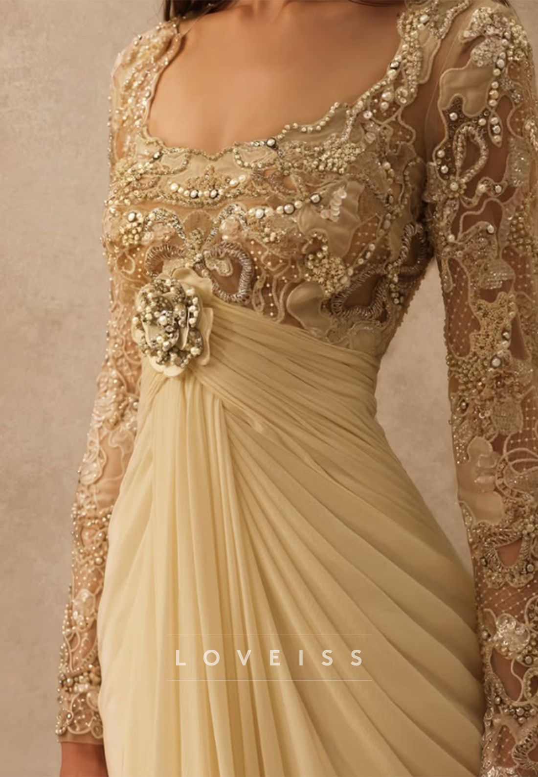 Embellished Bodice Long Sleeve Draped Gown