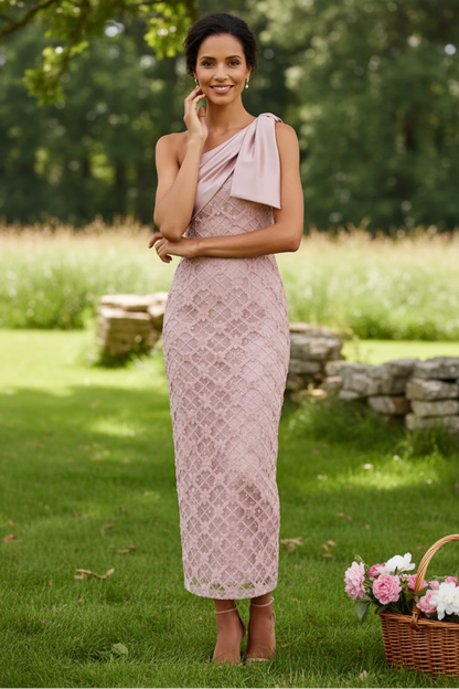One-Shoulder Lace Midi Dress with Satin Bow