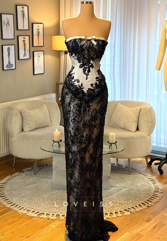 Strapless Lace Corset Column Evening Gown