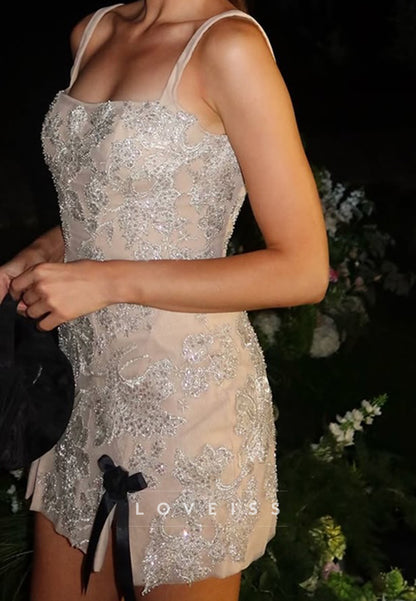 Embellished Lace Square Neck Mini Dress