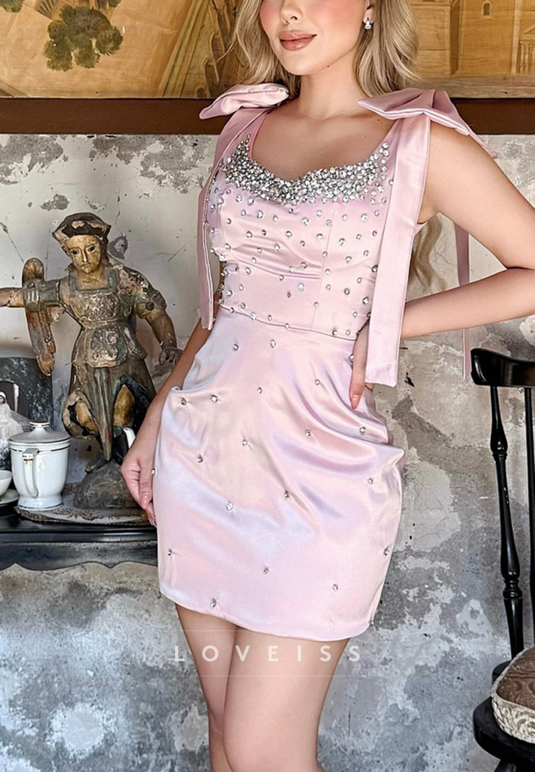 Crystal-Embellished Satin Mini Dress with Bow Straps