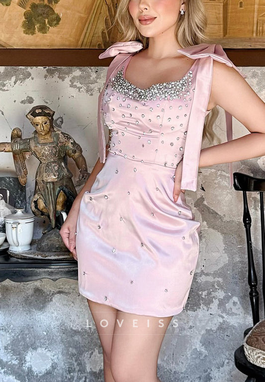 Crystal-Embellished Satin Mini Dress with Bow Straps