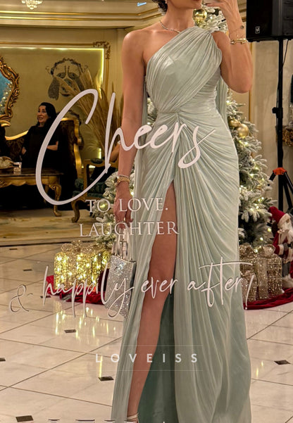 One Shoulder Ruched Slit Floor-Length Evening Gown