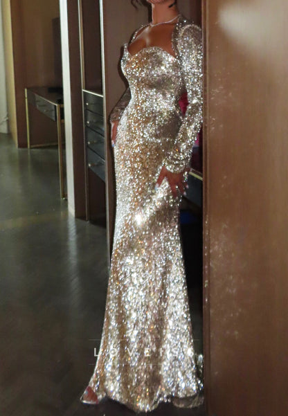 Long Sleeve Sequin Sweetheart Evening Gown